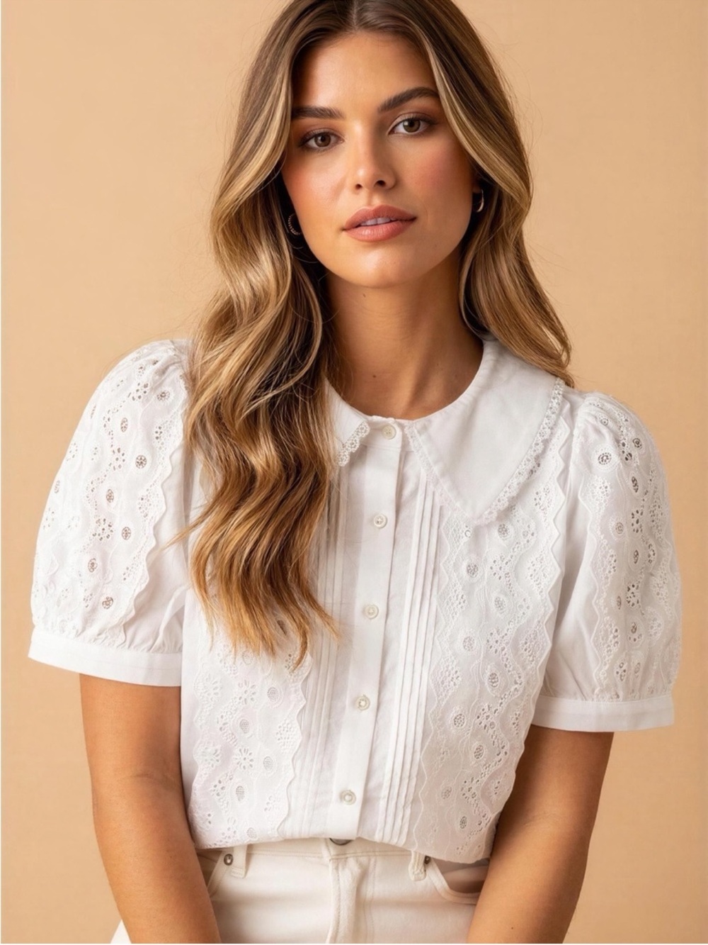 100% Cotton Eyelet Lace Pintucked Button Down Short Sleeve Blouse Cottagecore M